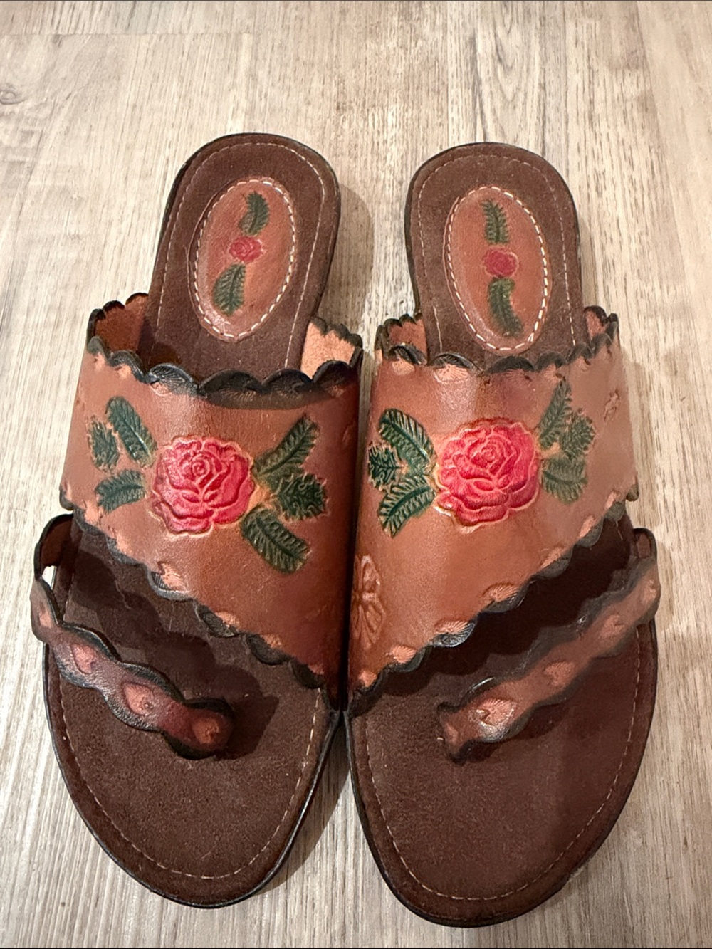 Brown Leather Floral Slide Sandals with Red Rose Detail - Picture 2 of 12